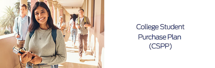 On the left a smiling student with a backpack holding books on the right black text College Student Purchase Plan (CSPP) on white background