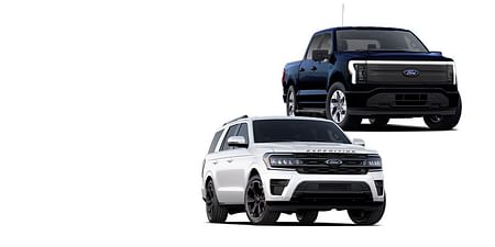 A white Expedition and a blue F-150 Lightning on a white background.