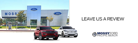 On the left two fords standing by the Mossy Ford building, on the right black text LEAVE US A REVIEW on white background, below mossy ford logo