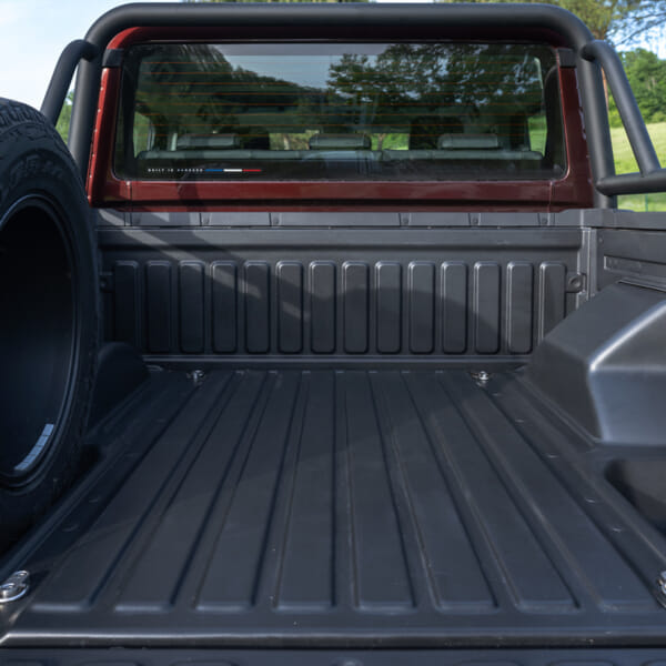 The image shows the empty black bed of a pickup truck with a mounted spare tire on the left. The rear window reflects a green landscape.