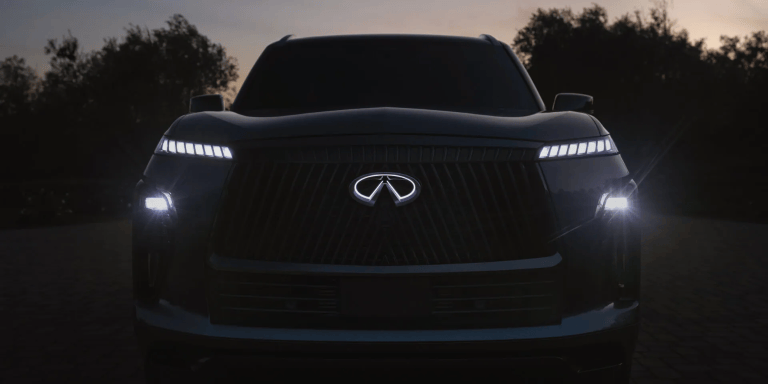 Front view of 2026 INFINITI QX80 LED headlights.