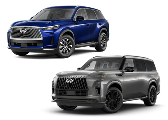 A blue 2026 QX60 with a gray 2026 QX80 on a white background.