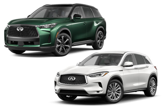 A green 2026 QX60 and a white 2025 QX50 on a white background.