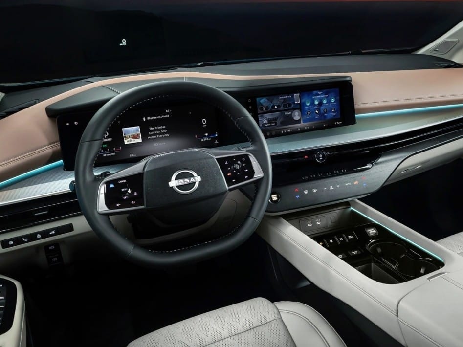 A 2026 Nissan Murano interior featuring a sleek dashboard, digital displays, a stylish steering wheel, and leather upholstery.
