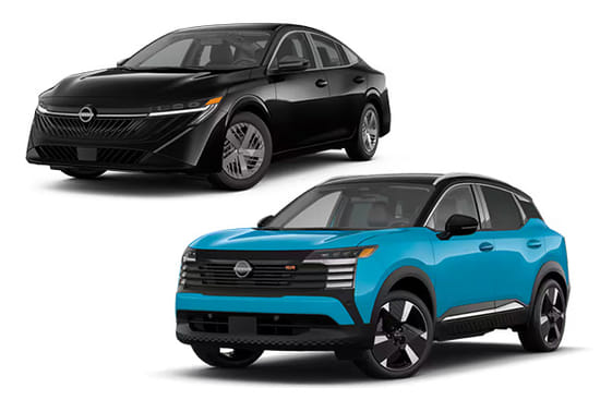 A blue 2026 Kicks and a black 2026 Sentra on a white background.