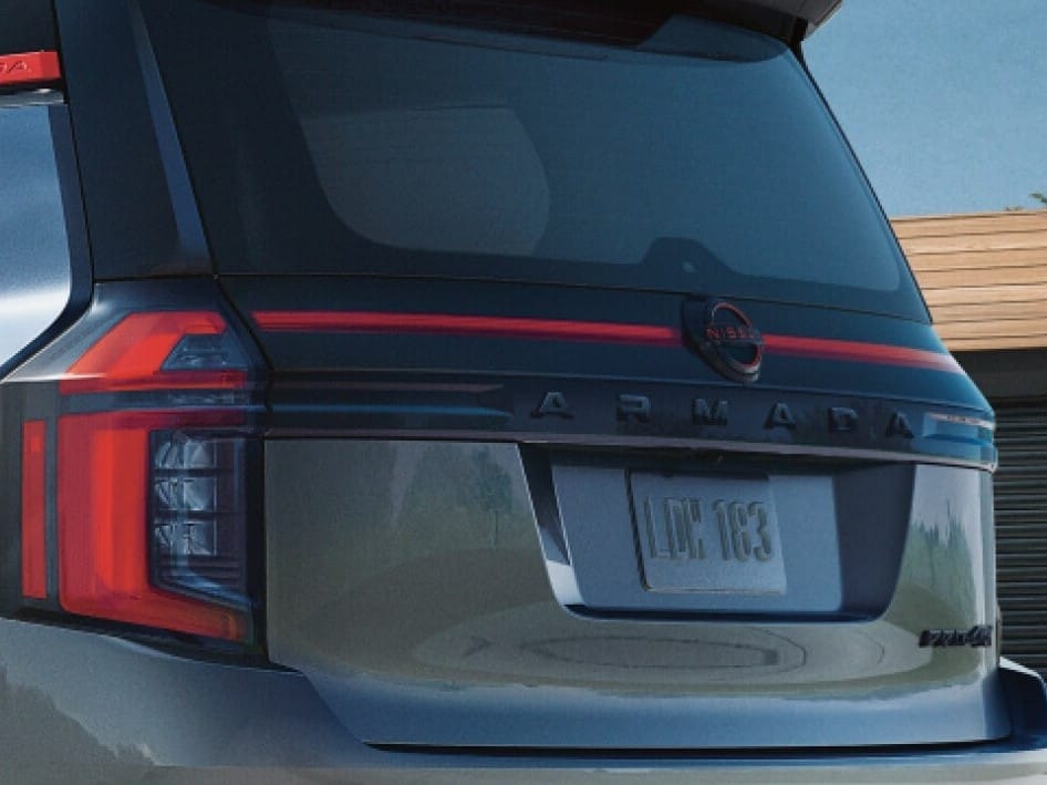 Rear view of a 2026 Nissan Armada parked, showcasing its sleek design and modern features.