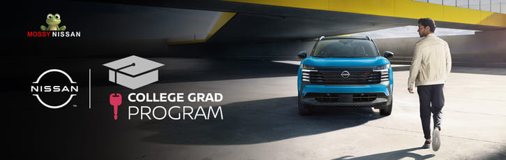 A man walks towards a blue Nissan SUV under a sunny sky next to a yellow bridge. Text reads "Nissan College Grad Program." The scene feels hopeful and modern.