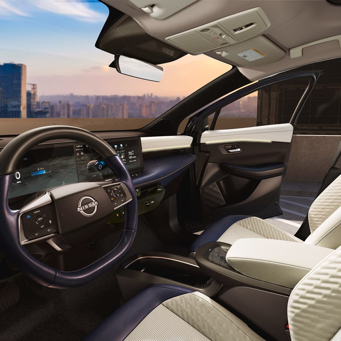 Modern Nissan Leaf interior featuring a sleek dashboard, digital display, and stylish seats, with a city skyline visible outside.