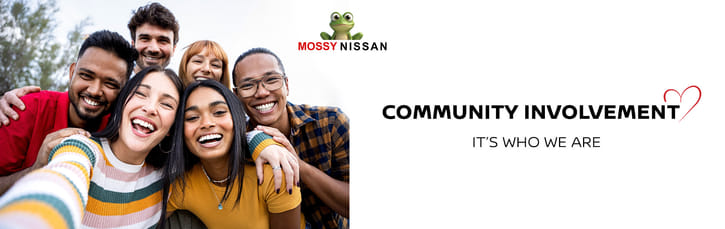A joyful group of young people posing for a photo. Text on the right reads "Community Involvement, It's Who We Are" with the Mossy Nissan logo.