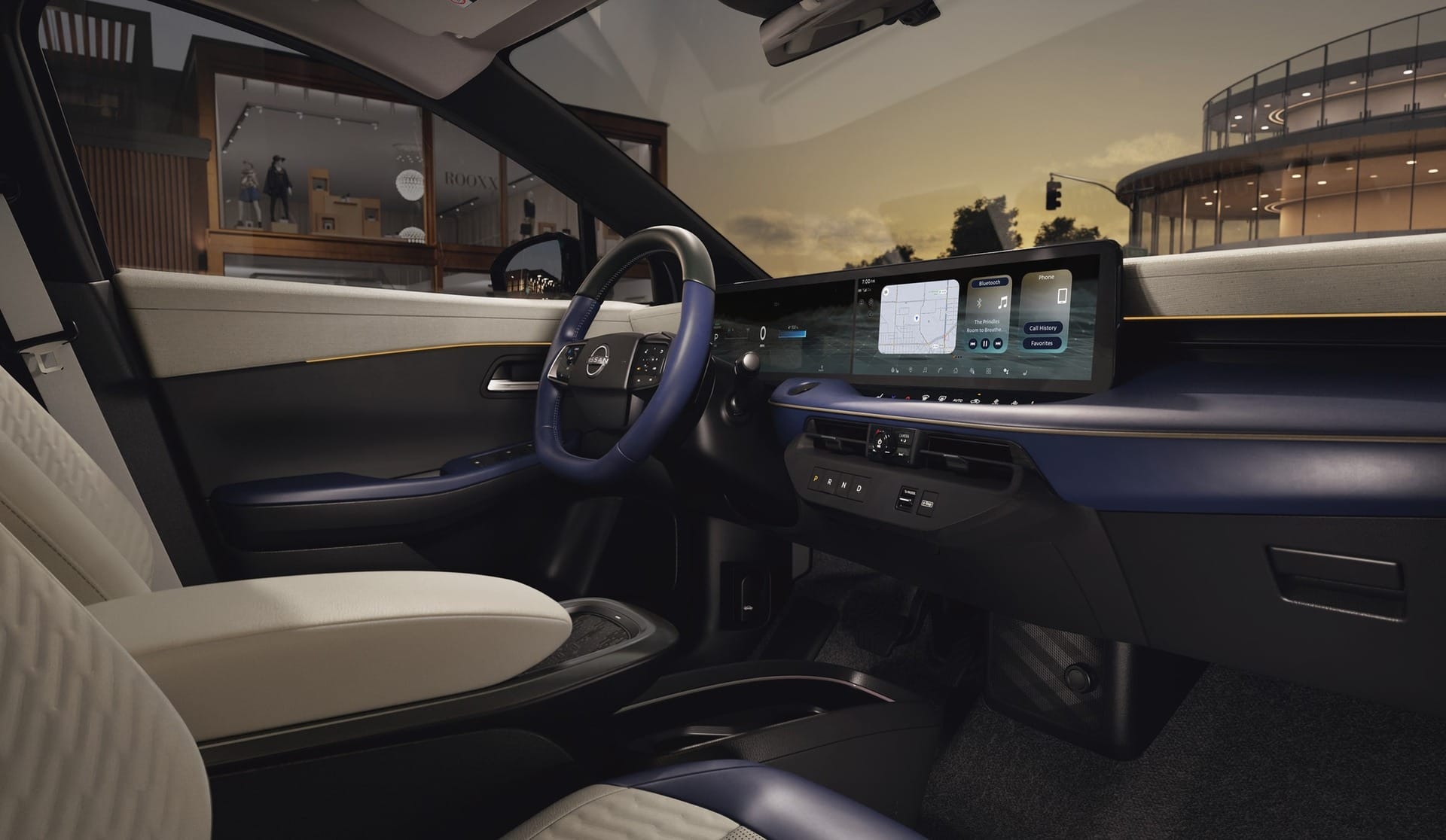 2026 Nissan Leaf interior featuring a two-tone dashboard, digital instrument cluster, large central touchscreen, and a blue and beige color scheme, viewed from the front passenger seat.