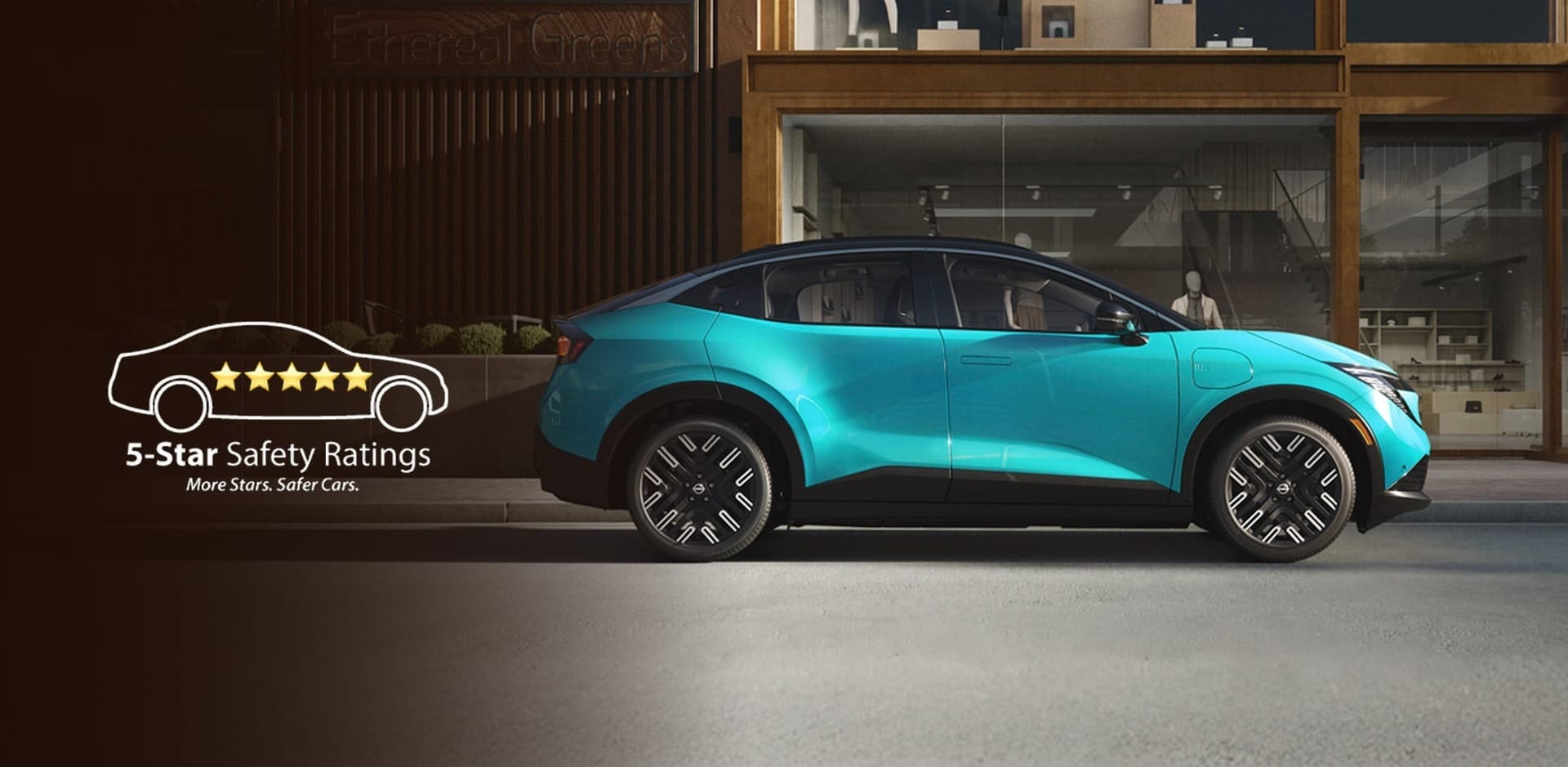 A sleek turquoise Nissan Leaf parked outside a modern building, showcasing a 5-star safety rating graphic on the left.