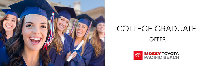 On the left, five smiling women in togas, on the right black text college graduate offer on white background, mossy tyota logo below.