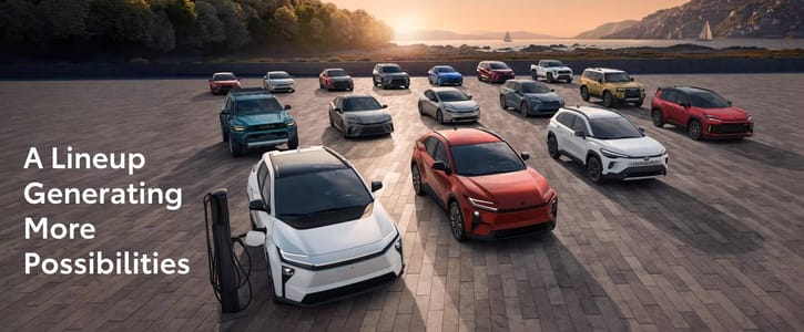 A group of diverse cars arranged on a vast paved area at sunset, with "A Lineup Generating More Possibilities" text. The scene conveys innovation and variety.