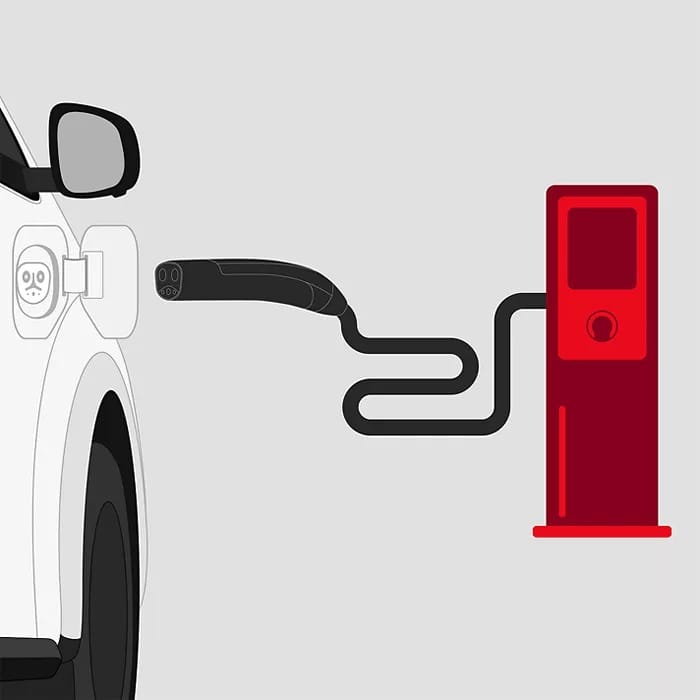 Illustration of an electric car being charged. A black cable extends from a red charging station to the vehicle, symbolizing clean energy.