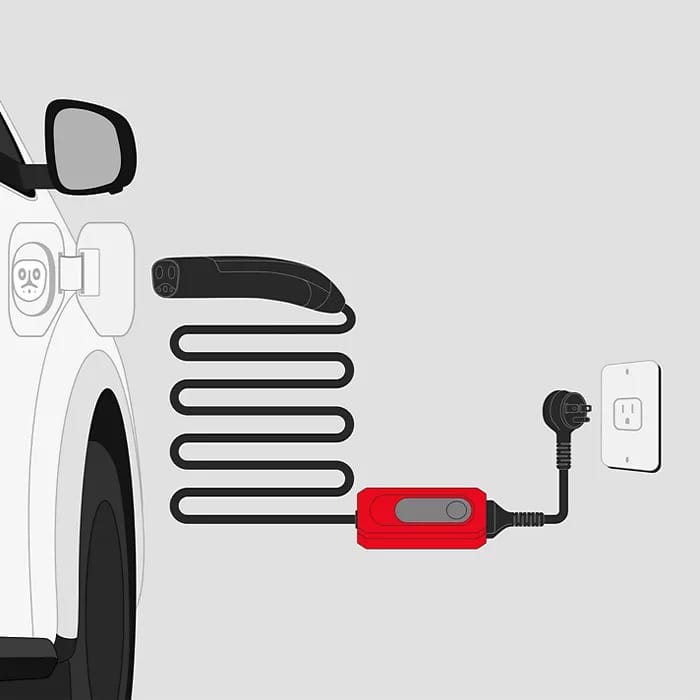 Illustration of an electric car in profile with a coiled charging cable. The charger is red and connected to a wall socket, conveying a focus on clean energy.