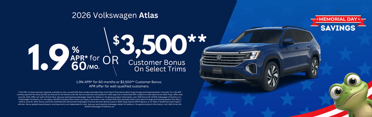 New 2026 VW Atlas Finance Special 1.9% APR Special or $3,500 Bonus
