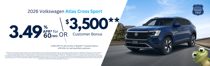 New 2026 VW Atlas Cross Finance Special 3.49% APR Special or $3,500 Bonus Bonus