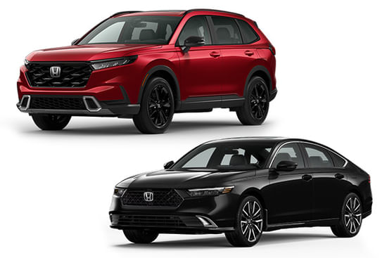 A red 2026 CR-V and a black 2025 Accord on a white background.