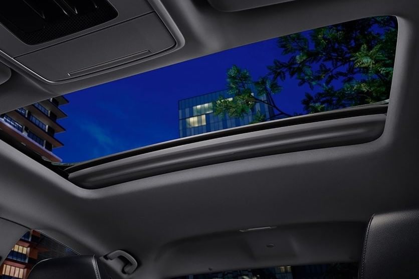 View of a 2025 Honda Accord Hybrid's sunroof at night, revealing dark blue sky, tree branches, and modern buildings in the background.