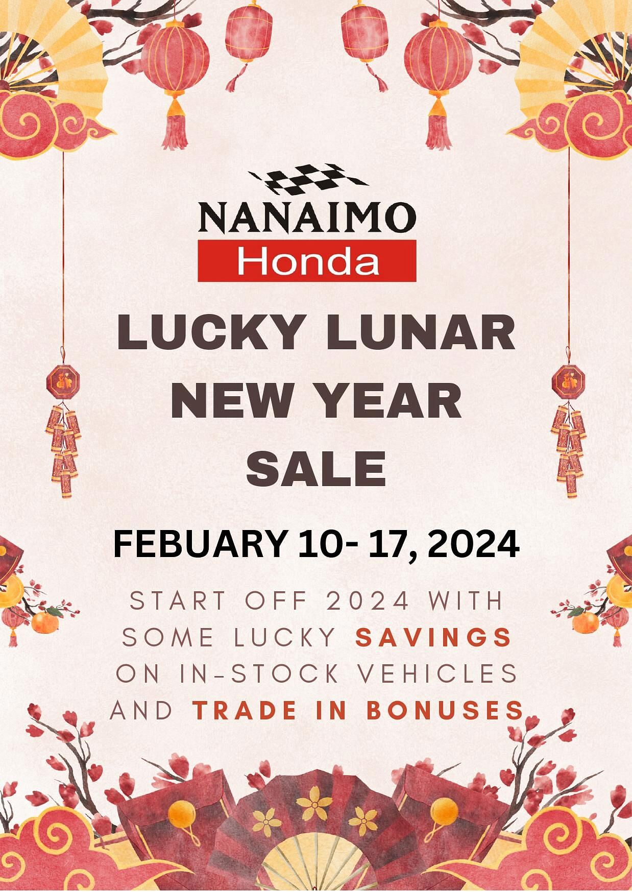 Nanaimo Honda Logo. Lucky Lunar New Year Sale Febuary 10 - 17. 2024 Start off 2024 With Some Lucky Savings On In - Stock Vehicles and Trade In Bonuses