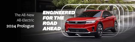 The All-New All Electric 2024 Prologue ENGINEERED FOR THE ROAD AHEAD on the right new 2024 red honda prologue