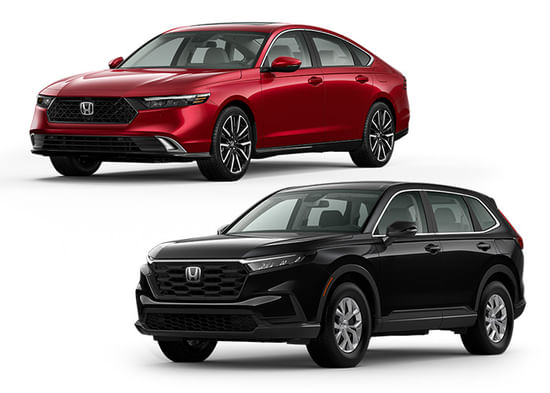 A red 2025 Accord and black 2026 CR-V on a white background.