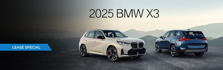 Two 2025 BMW X3s, one beige and one blue, parked in a mountainous landscape with a 'LEASE SPECIAL' banner.