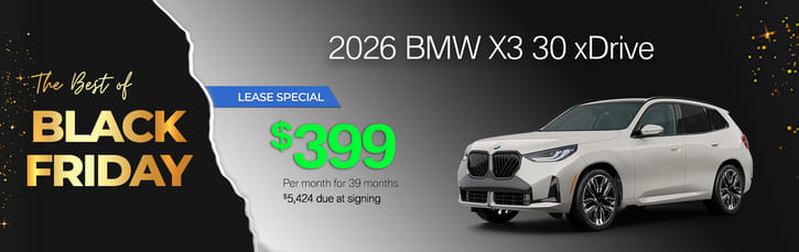 Promotional image for a Black Friday lease deal on a 2026 BMW X3 30 xDrive, showcasing monthly payment and signing fee details.