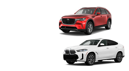 A white BMW X6 and a red Mazda CX90 on a white background.