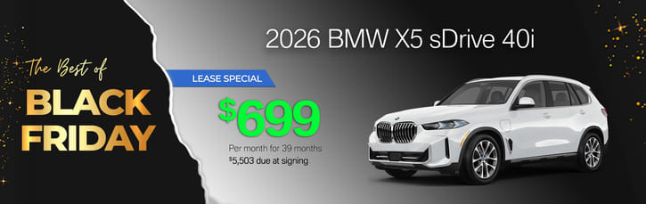 Promotional image for a Black Friday lease special on a 2026 BMW X5 sDrive 40i, offering $699/month for 39 months.
