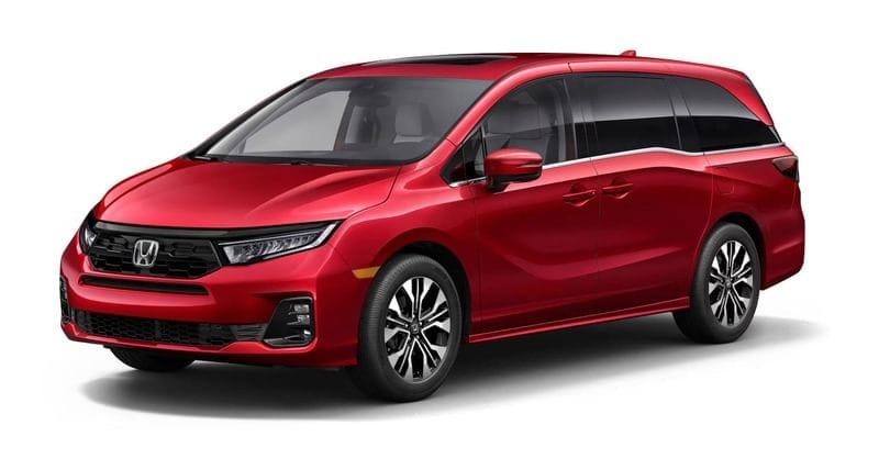 The 2026 Honda Odyssey Elite in Radiant Red Metallic II 3/4 front view