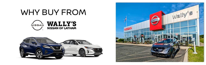 On the left black text Why Buy From Wally's Nissan of Latham below two Nissans on white background, on the right dealership building