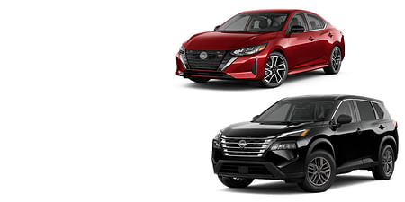 A black Rogue and a red Sentra on a white background.