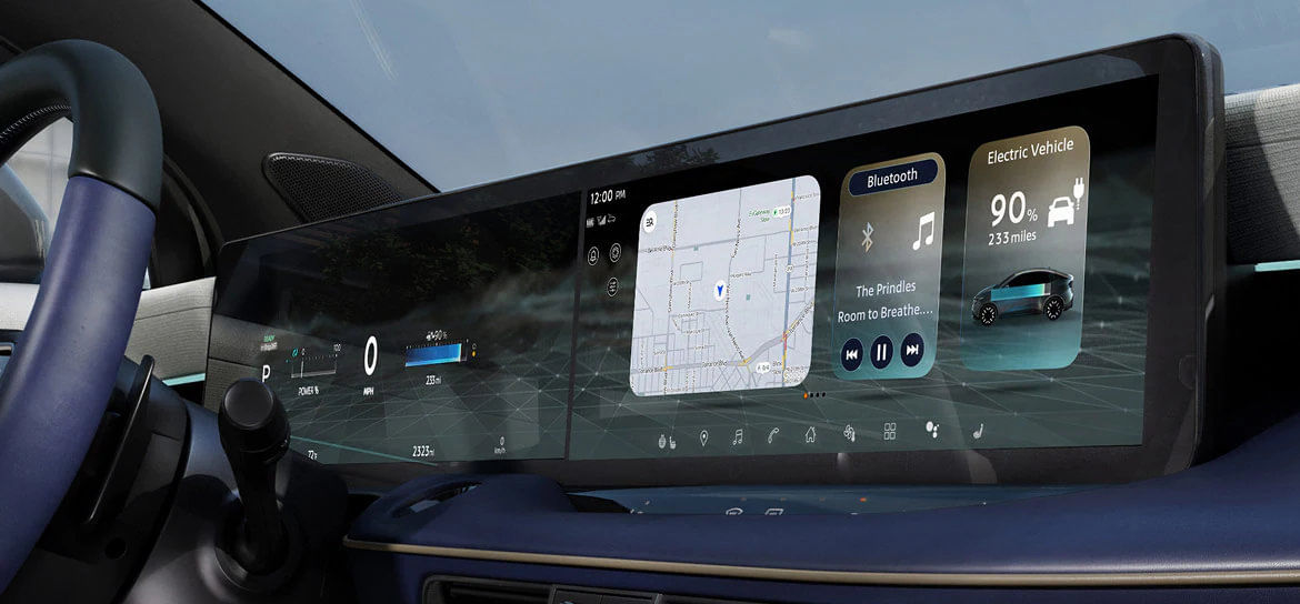 The expansive Monolith Display in the 2026 Nissan Leaf, showing over 28 inches of customizable gauges and infotainment.