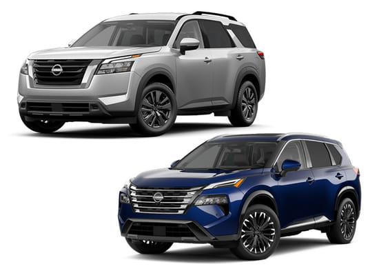 A 2025 Pathfinder with 2025 Rogue on a white background.