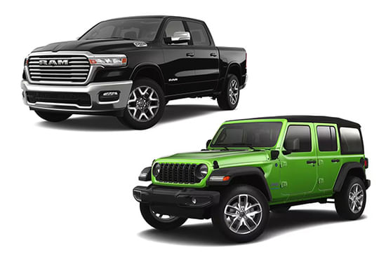 2025 Ram 1500 and a 2025 Jeep Wrangler on a white background.
