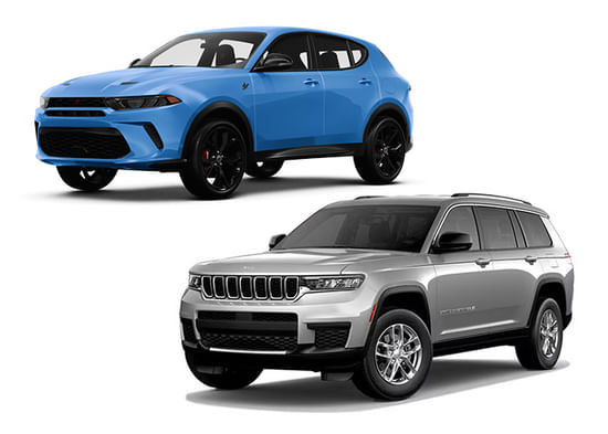A blue Dodge Hornet and a silver Jeep Grand Cherokee on a white background.