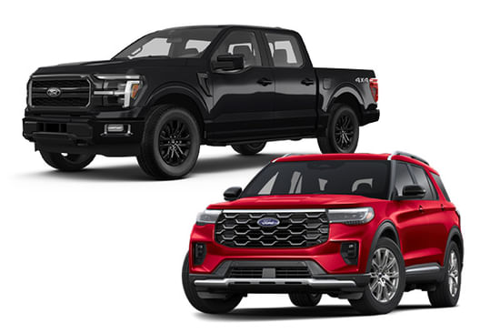 A 2025 Explorer and 2025 F-150 on a white background.
