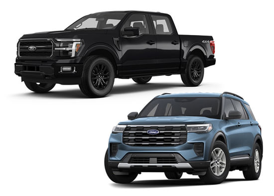 2025 Explorer with 2025 F-150 on a white background.