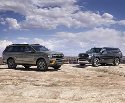 Two 2025 Ford Expedition parked on a rocky outcrop.