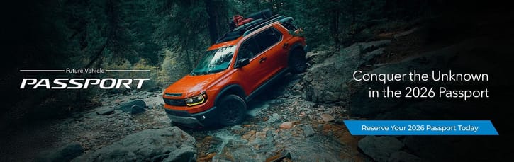 The 2026 Honda Passport on rocky terrain, with promotional text surrounding it.