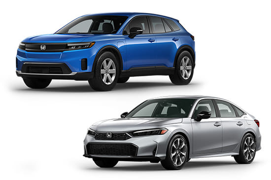 A blue 2026 Prologue with a silver 2026 Civic Hybrid on a white background.