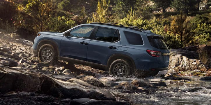 2026 Honda Pilot TrailSport Shown in Smoke Blue Pearl with Honda Genuine Accessories.