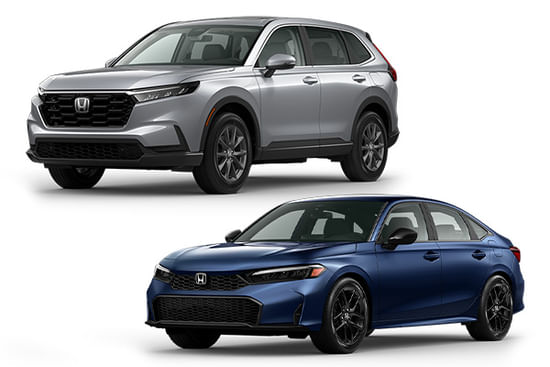 A blue 2026 Civic and a silver 2026 CR-V on a white background.