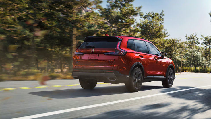 The rear view of a red Honda CR-V driving on a paved road surrounded by trees.