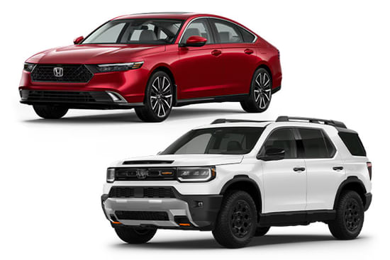 A red 2025 Accord with a white 2026 Passport on a white background.