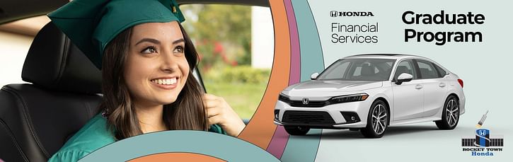 A woman in her graduation gown smiling in her car with a white Honda Civic located on the image.