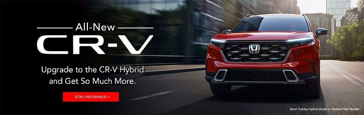 Radiant Red Metallic Honda Sport Turing 2023 drives down the street, blocks in the background. On left white text all-new cr-v upgrade to the cr-v hybrid and get so much more and red button on transparent background.