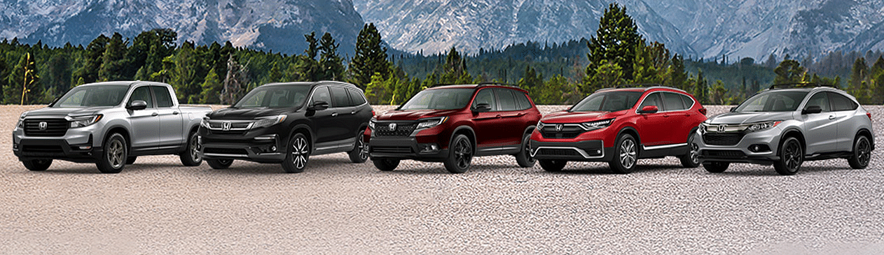 Cinco coches Honda estacionados, vista de fondo de las montañas