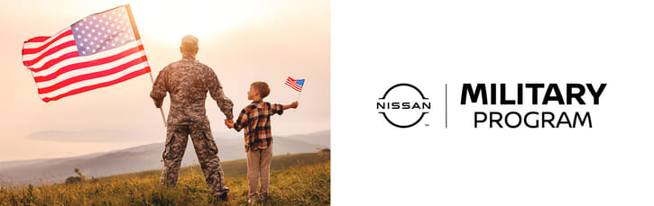 Soldier and young boy holding American flags at sunset next to the Nissan Military Program logo.